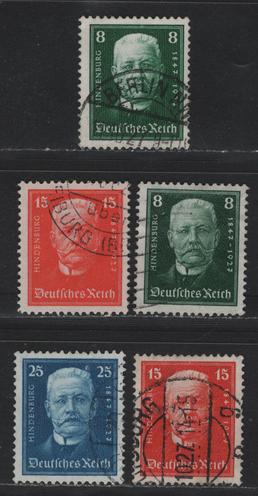 Lot 222 Germany SC#B19-B21 (403-405) 8pf - 25pf Dark Green - Deep Blue , 1927 Hindenburg's 80th Birthday Semi Postal Issue, 5 Fine/Very Fine Used Singles, Includes Two Shades Each Of 8pf & 15pf