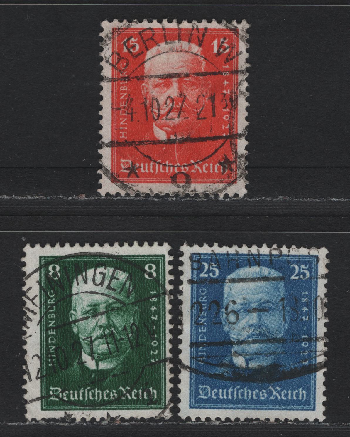 Lot 223 Germany SC#B19-B21 (403-405) 8pf - 25pf Dark Green - Deep Blue , 1927 Hindenburg's 80th Birthday Semi Postal Issue, 3 Fine/Very Fine Used Singles, Meiningen & Berlin CDS & Bahnpost (Railway Cancel)