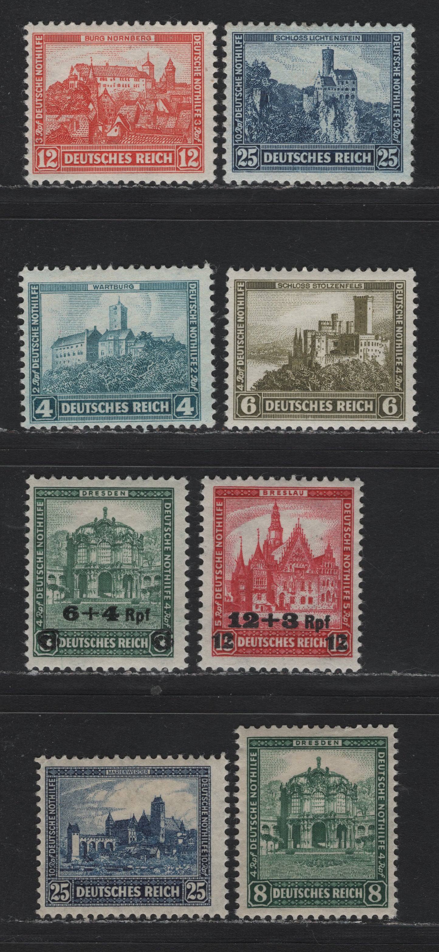 Lot 225 Germany SC#B36, B38, B42-B47 (452a, 459-, 474-477) 25pf+10pf Dark Blue , 1930-1932 Castle Semi Postal Issues, 8 F/VFOG Singles