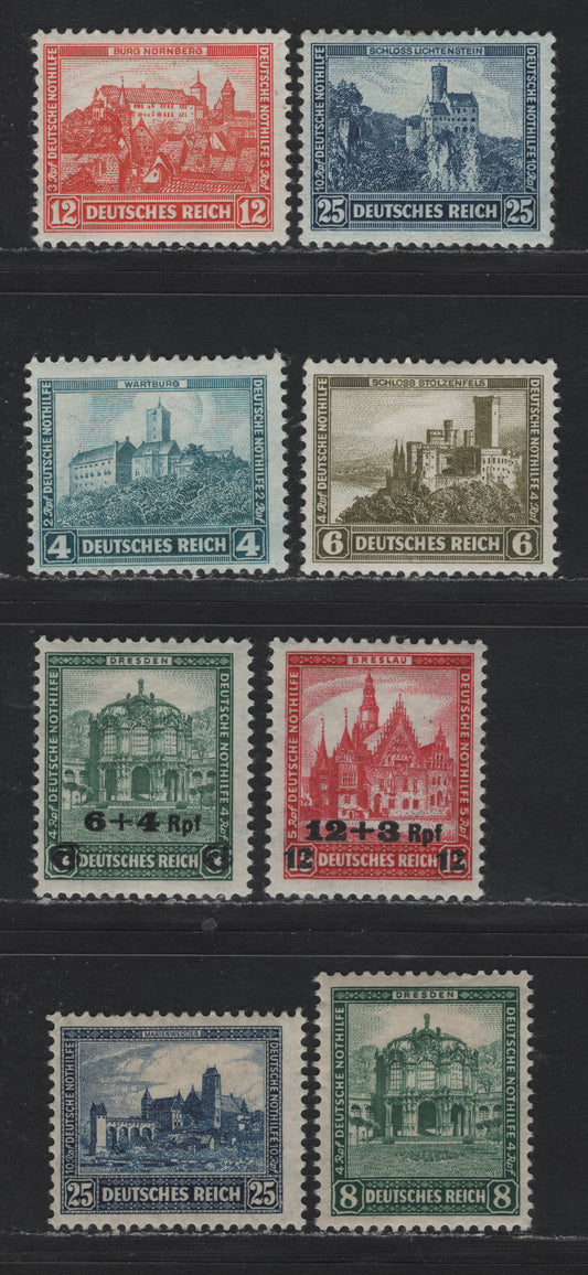 Lot 225 Germany SC#B36, B38, B42-B47 (452a, 459-, 474-477) 25pf+10pf Dark Blue , 1930-1932 Castle Semi Postal Issues, 8 F/VFOG Singles