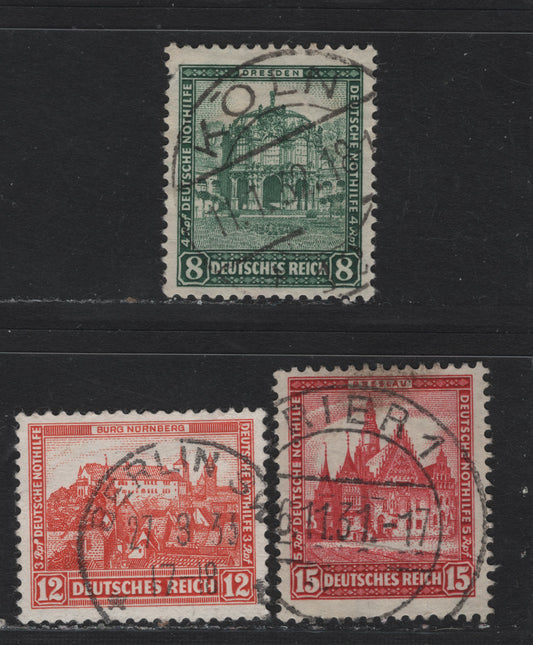 Lot 228 Germany SC#B38-B39, B46 (459-460, 476) 8pf+4pf - 12pf+3pf Dark Green - Orange Red , 1931-1932 Castle Semi Postal Issues, 3 Fine/Very Fine Used Singles, SON Cancels