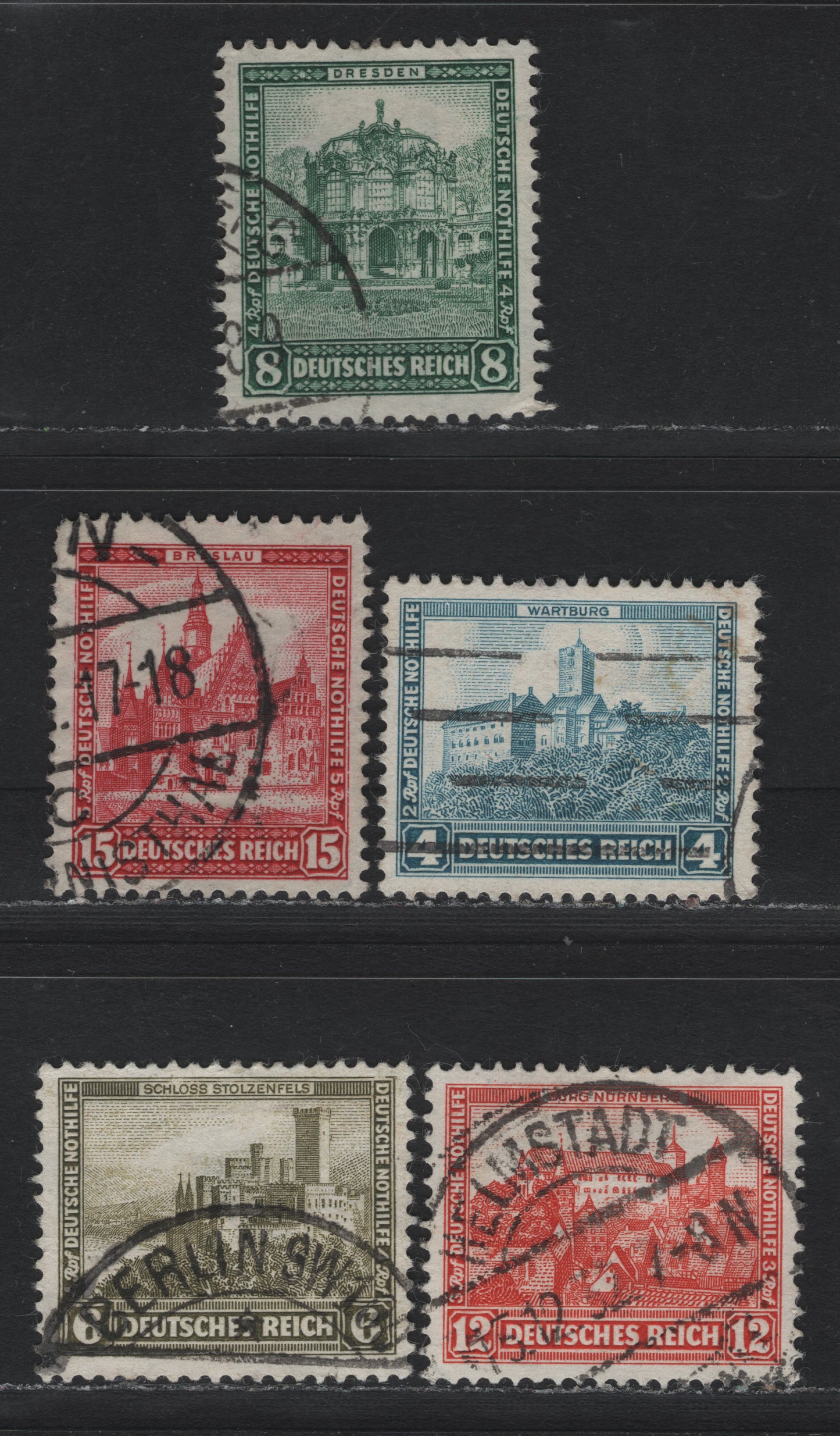 Lot 230 Germany SC#B38-B39, B44-B46 (459-460, 474-476) 8pf+4pf - 12pf+3pf Dark Green - Orange Red , 1931-1932 Castle Semi Postal Issues, 5 Fine/Very Fine Used Singles