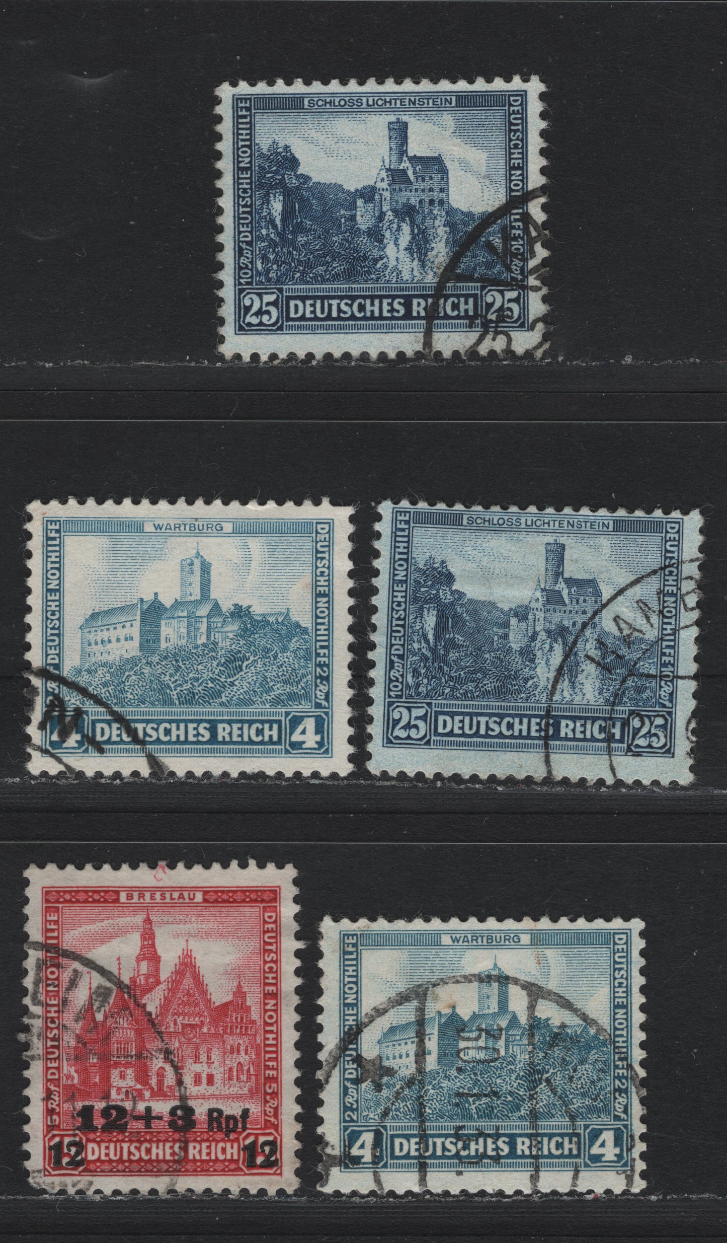 Lot 231 Germany SC#B43-B44, B47 (464, 474, 477) 12pf+3pf - 15pf+5pf Carmine - Deep Blue , 1932 Surcharged & Regular Castle Semi Postal Issues, 5 Fine/Very Fine Used Singles, Shade Variations