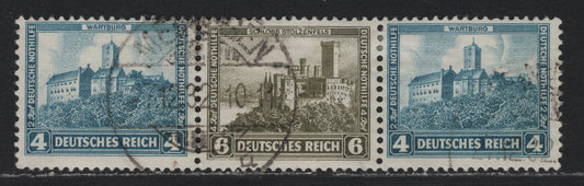 Lot 232 Germany SC#B44-B45 (W44) 4pf+2pf - 6pf+4pf Light Blue - Green , 1932 Surcharged & Regular Castle Semi Postal Issues, A Fine Used Booklet Strip of 3, December 1932 Munich Cancel