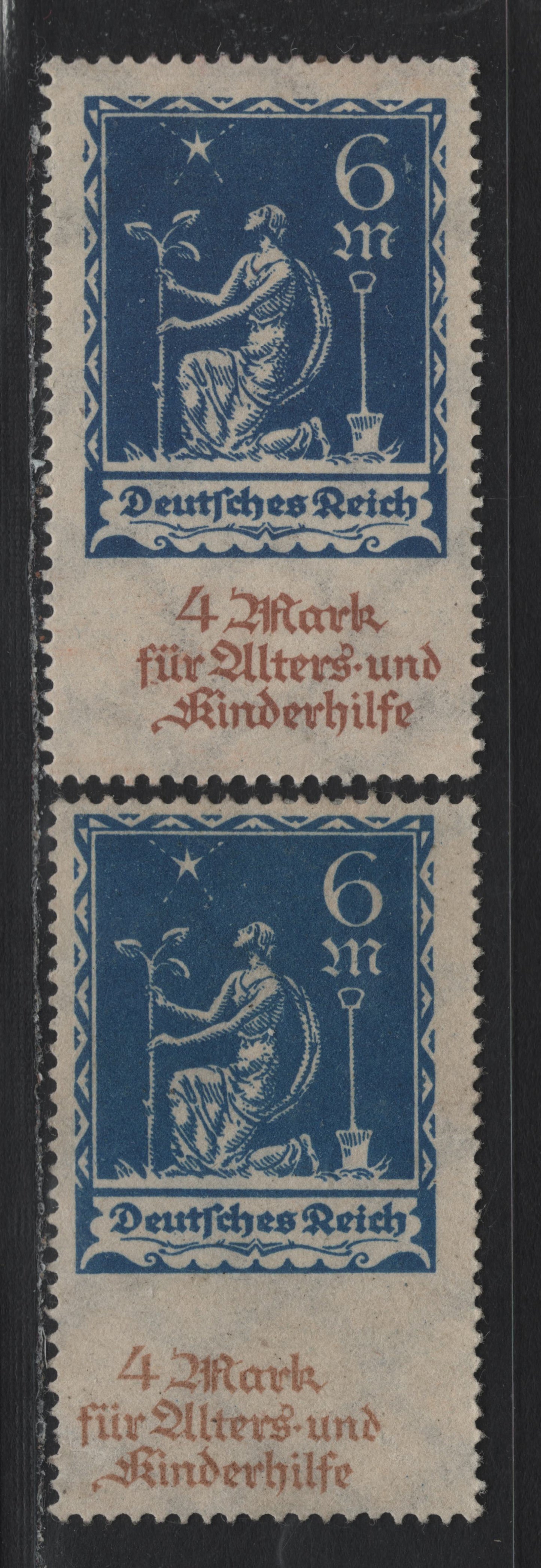 Lot 234 Germany SC#B3 (233var) 6m+4m Ultramarine & Brown , 1922 Planting Charity Semi Postal Issue, 2 VFOG & Fine Unused Singles, One Showing Dramatic Shift Of Brown Inscriptions & Broken 'D' in Und, Another With Dash To Right Of 'Fun'