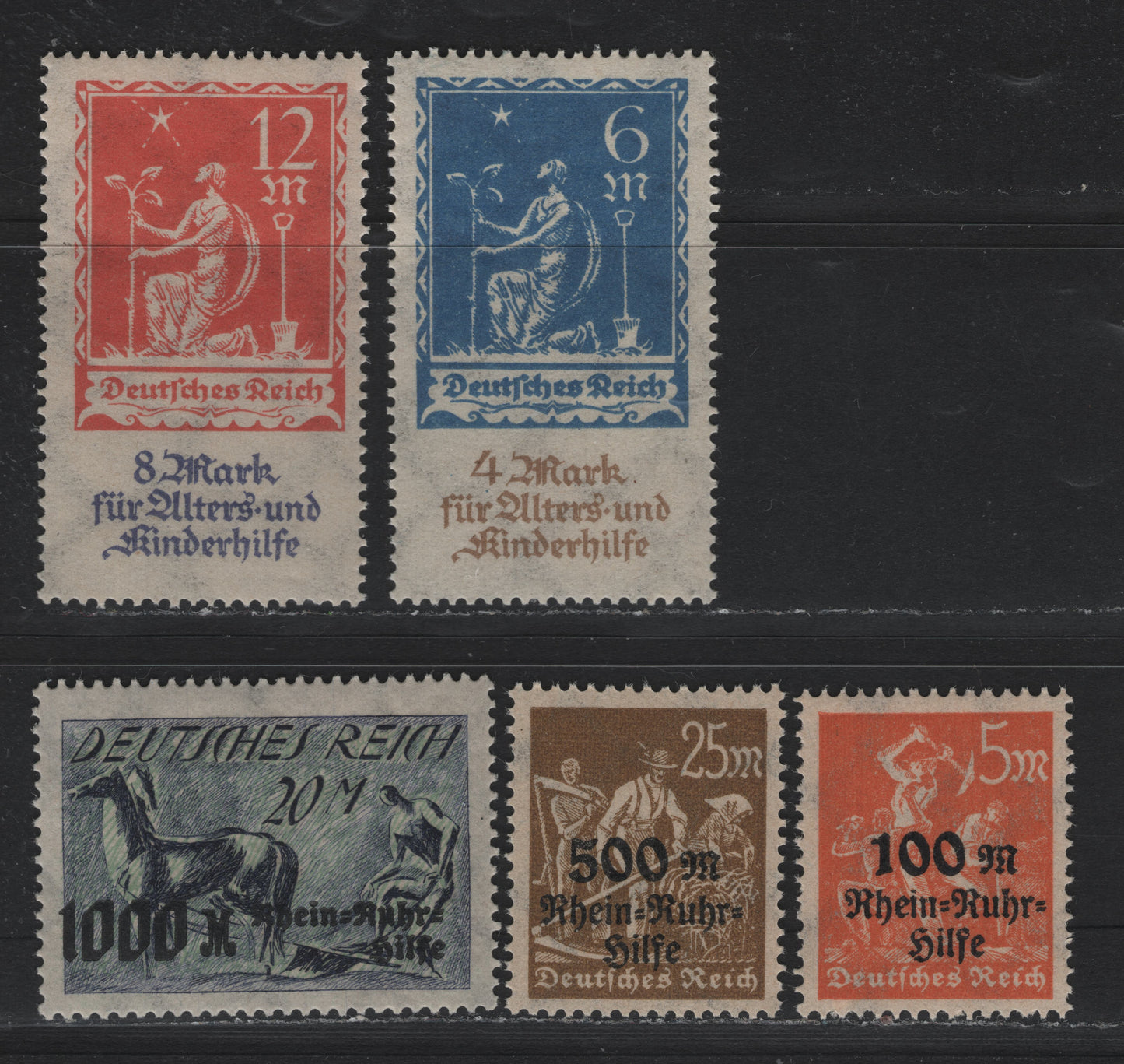 Lot 238 Germany SC#B3-B7 (233-234, 258-260) 6m+4m - 20m+1000m Ultramarine & Brown - Indigo & Greenish Blue , 1922 Planting Charity Semi Postal Issue, 5 VFNH Singles