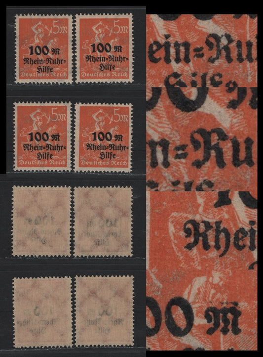 Lot 239 Germany SC#B5 (258) 5m+100m Orange , 1923 Rhine-Ruhr Semi Postal Overprinted Issue, 4 VFNH Singles, All Showing Unlisted Overprint Varieties