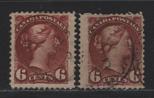 Lot 24 Canada #43 6c Red Brown Queen Victoria, 1888-1897 Small Queen Issue, 2 Fine Used Singles, Second Ottawa Printing, 2O-E Paper, Perfs 12x11.9 & 12x12.2.