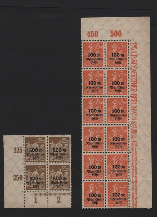 Lot 241 Germany SC#B5-B6 (258-259) 5m+100m - 25m+500m Orange - Olive Brown , 1923 Rhine-Ruhr Semi Postal Overprinted Issue, 2 VFNH Blocks Of 12 (UR) & Block Of 4 (LL), Showing Value Counters And/or Column Numbers