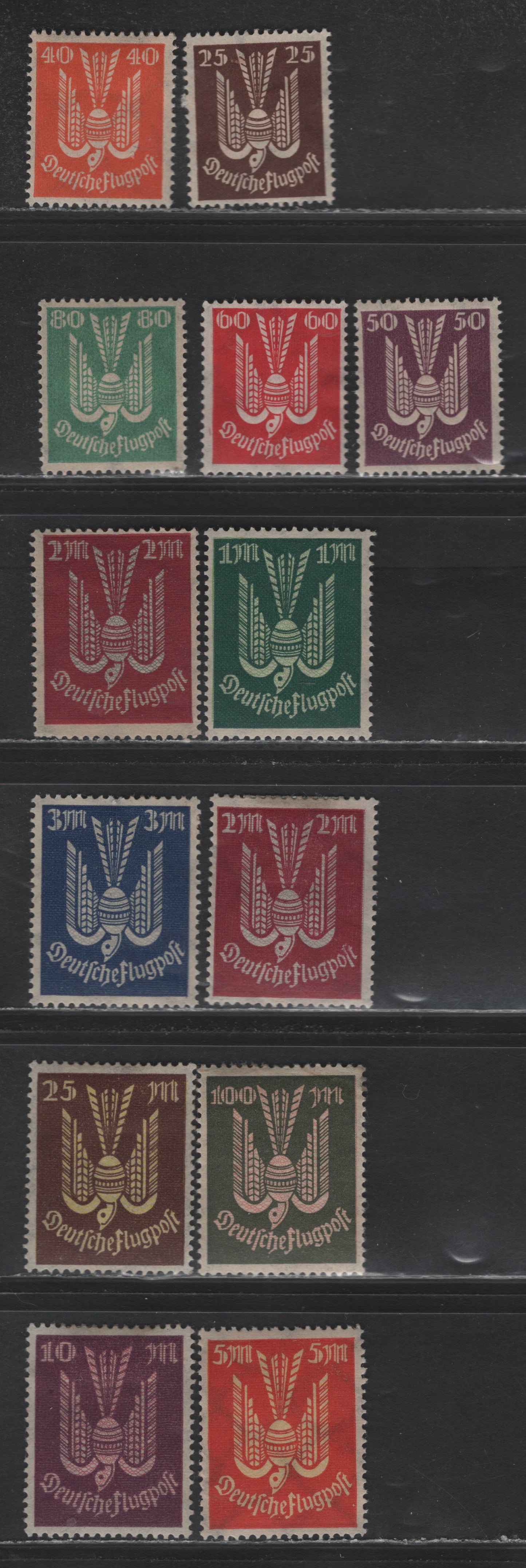 Lot 242 Germany SC#C3-C14 (210-218, 235-237, 216b) 25pf - 100m Chocolate - Olive Green & Rose , 1922-1923 Carrier Pidgeon Airmail Issue, 13 F/VFOG Singles, Both Carmine-Red & Lilac Red Shades Of The 2m