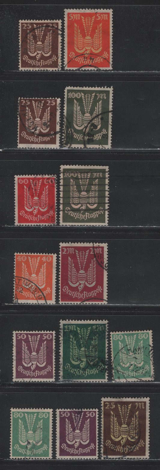 Lot 244 Germany SC#C3-C9, C11, C13-C14 (210/218, 236-237) 25pf - 100m Chocolate - Olive Green & Rose , 1922-1923 Carrier Pidgeon Airmail Issue, 14 Fine/Very Fine Used Singles, Selection of Posthumous, Forged Or Favor Cancels