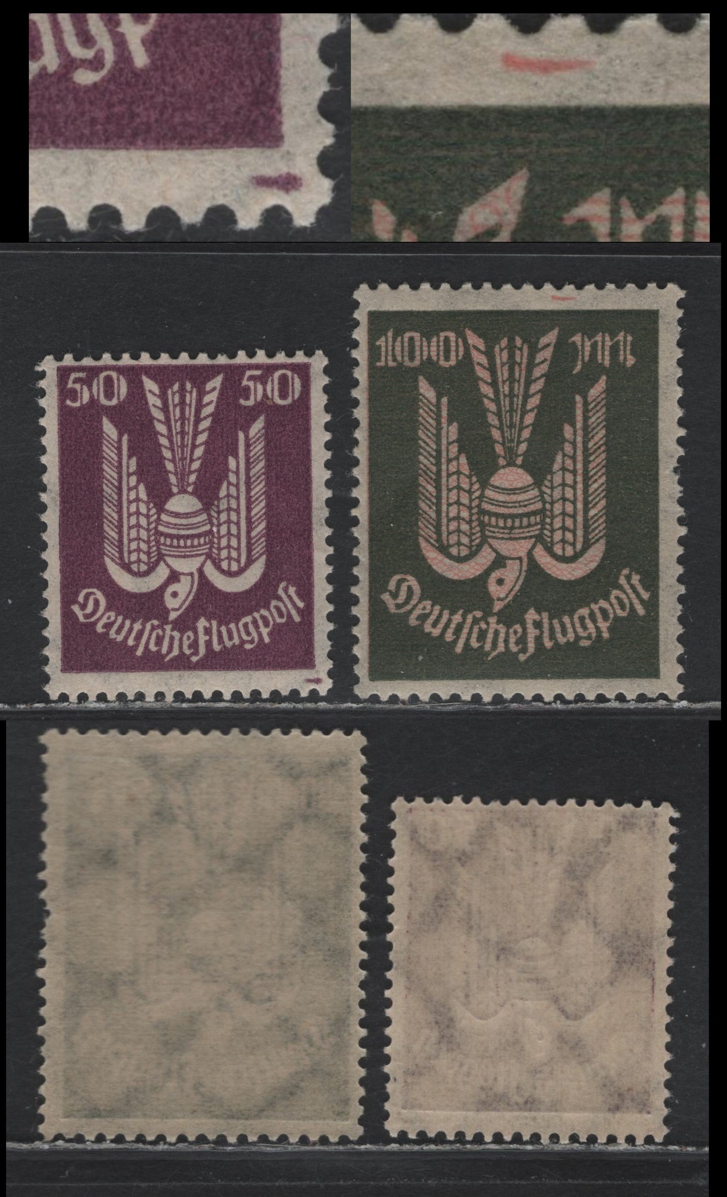 Lot 247 Germany SC#C5var, C14var 50pf - 100m Violet - Olive Green & Rose , 1922-1923 Carrier Pidgeon Airmail Issue, 2 FNH Singles, Examples Showing Violet Dash & Rose Dashes In The Lower & Upper Margins, Unlisted In Michel
