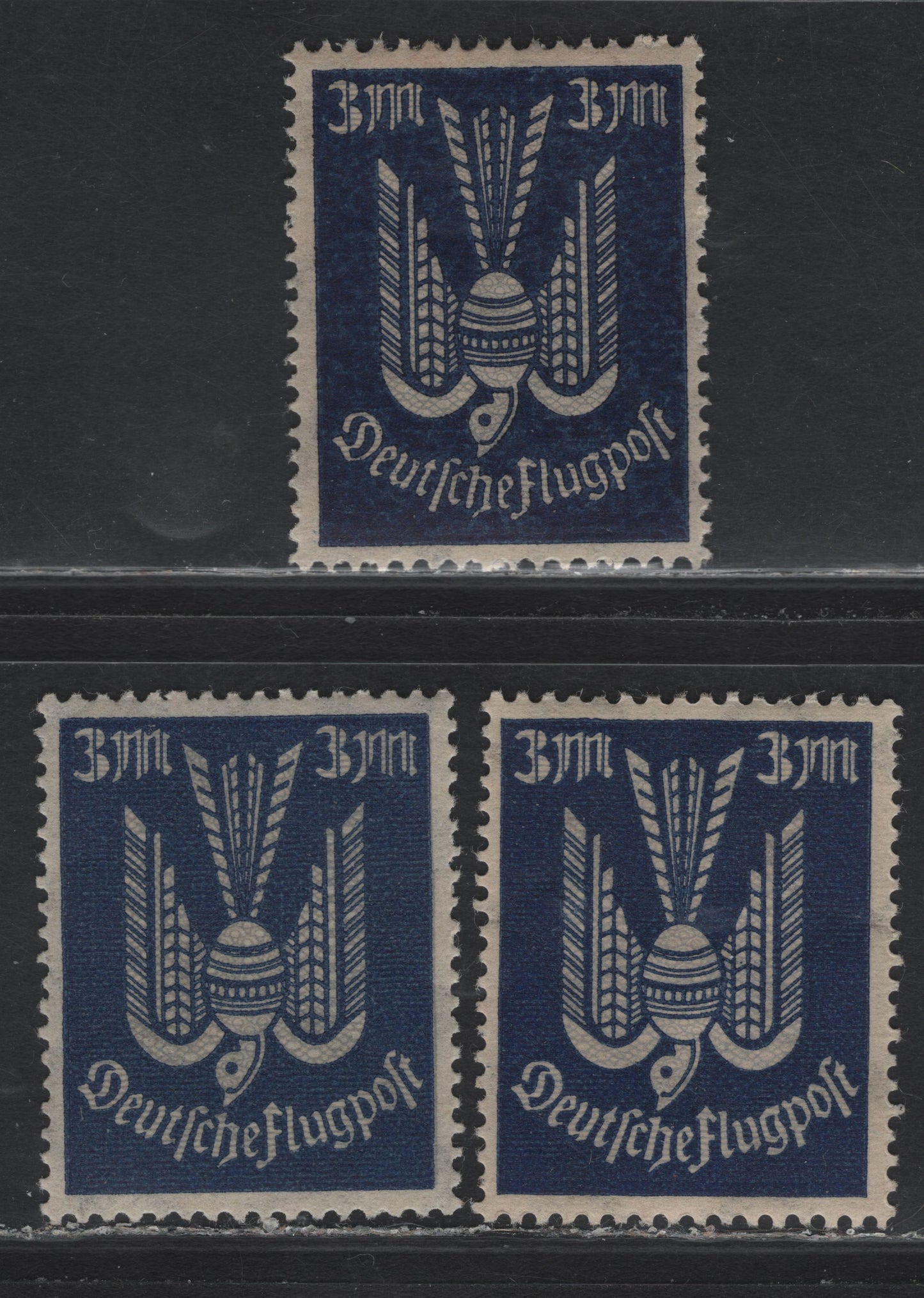 Lot 248 Germany SC#C10var (217bvar) 3m Dark Violet Ultramarine - Very Dark Violet Ultramarine & Gray , 1922-1923 Carrier Pidgeon Airmail Issue, 3 VFOG Singles, An Exceptionaly Deep Shade With 2 Variations Of the Most Common Shade
