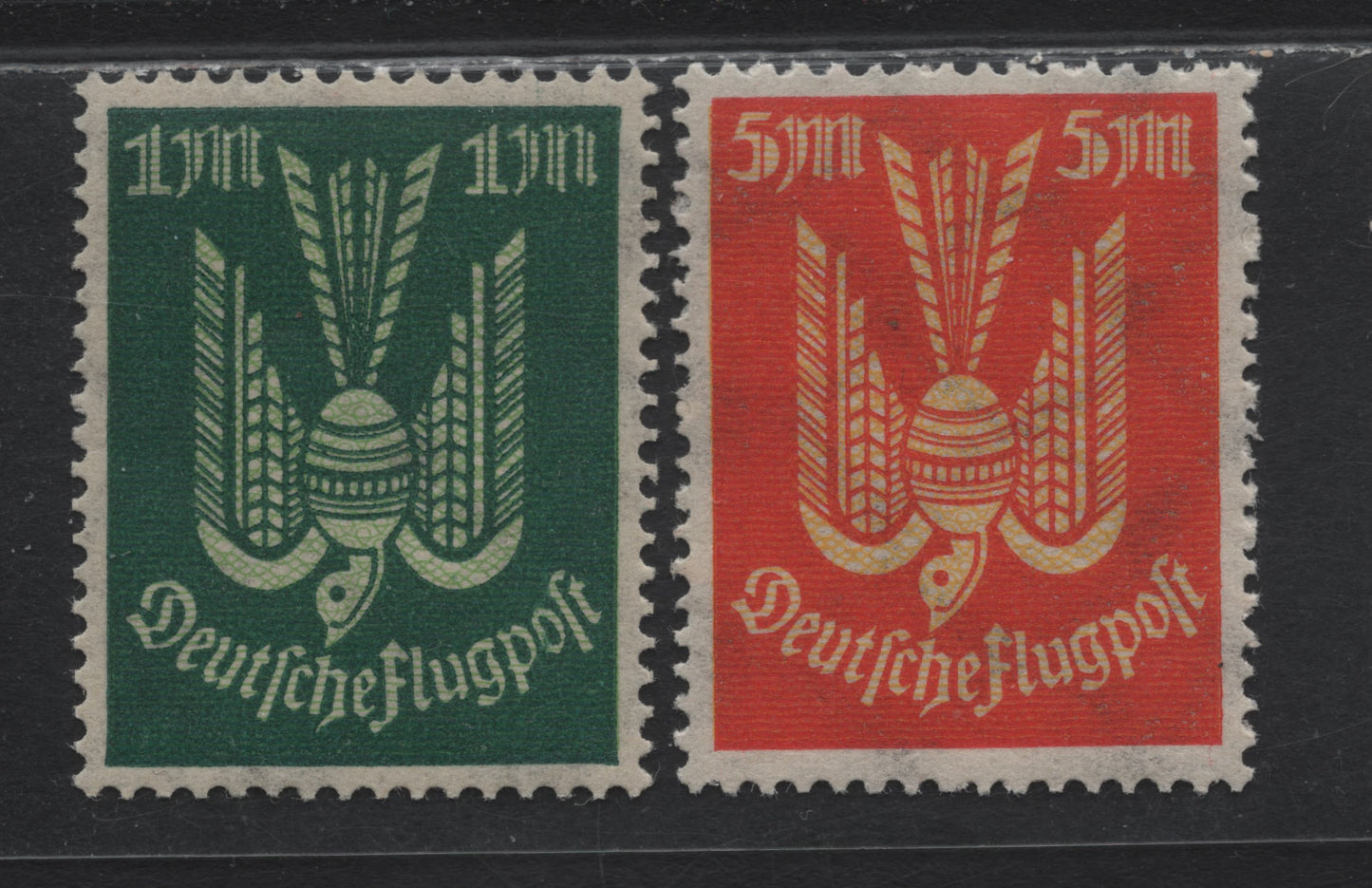 Lot 249 Germany SC#C8var, C11var (215FI, 218FI) 1m - 5m Dark Green & Pale Green - Red Orange & Yellow , 1922-1923 Carrier Pidgeon Airmail Issue, 2 VFNH Singles, Network Color Printed On Top Of The Main Background Color Instead of Underneath It