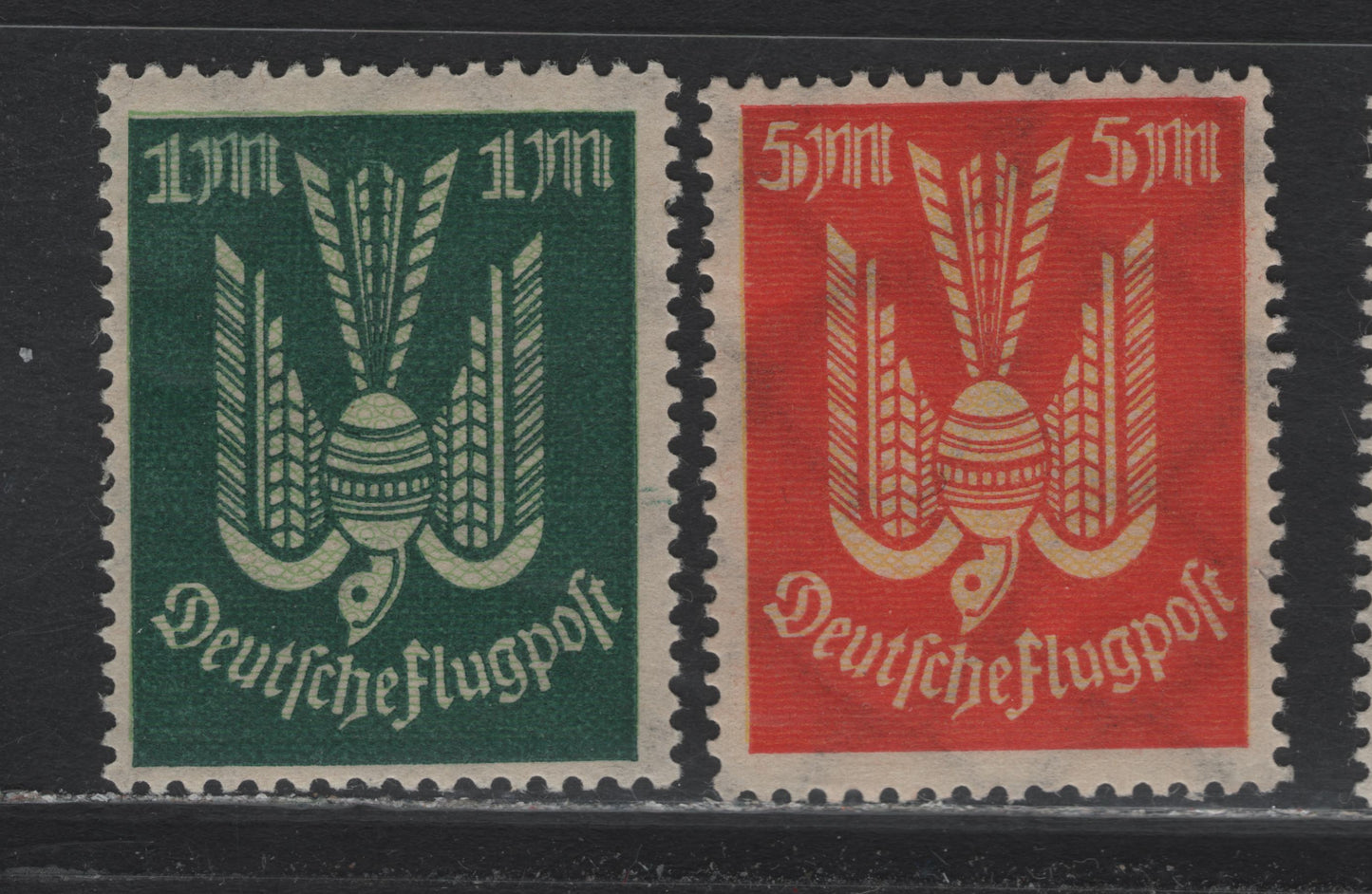 Lot 250 Germany SC#C8var, C11var (215FI, 218FI) 1m - 5m Dark Green & Pale Green - Red Orange & Yellow , 1922-1923 Carrier Pidgeon Airmail Issue, 2 FNH Singles, Network Color Printed On Top Of The Main Background Color Instead of Underneath It