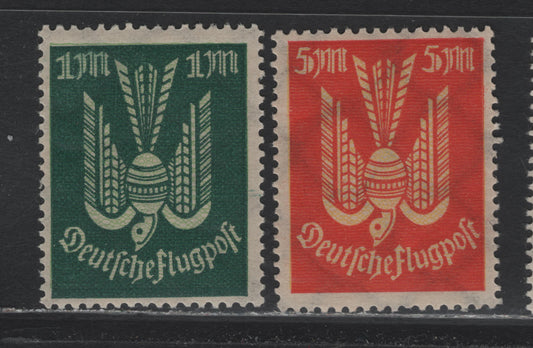 Lot 250 Germany SC#C8var, C11var (215FI, 218FI) 1m - 5m Dark Green & Pale Green - Red Orange & Yellow , 1922-1923 Carrier Pidgeon Airmail Issue, 2 FNH Singles, Network Color Printed On Top Of The Main Background Color Instead of Underneath It