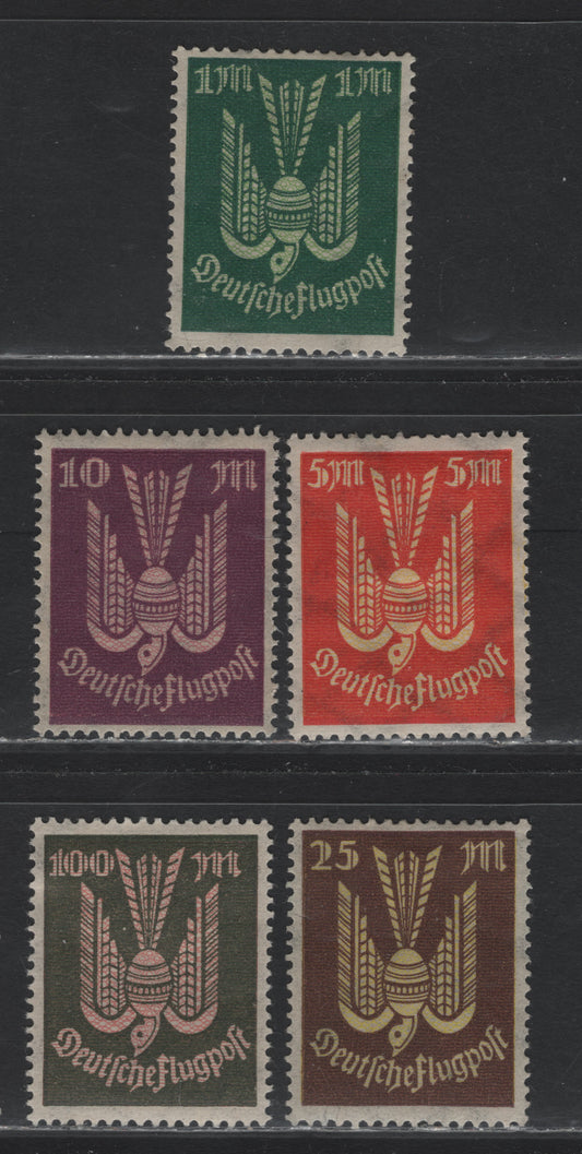 Lot 251 Germany SC#C8, C11-C14 (214var, 218FI, 235var-237var) 1m - 100m Dark Green & Pale Green - Olive Green & Rose , 1922-1923 Carrier Pidgeon Airmail Issue, 5 VFOG Singles, Network Color Printed On Top Instead of Underneath It
