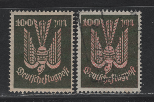 Lot 252 Germany SC#C14var 100m Olive Green & Rose , 1922-1923 Carrier Pidgeon Airmail Issue, 2 FOG & Fine Used Singles, Network Color Printed On Top Instead of Underneath It