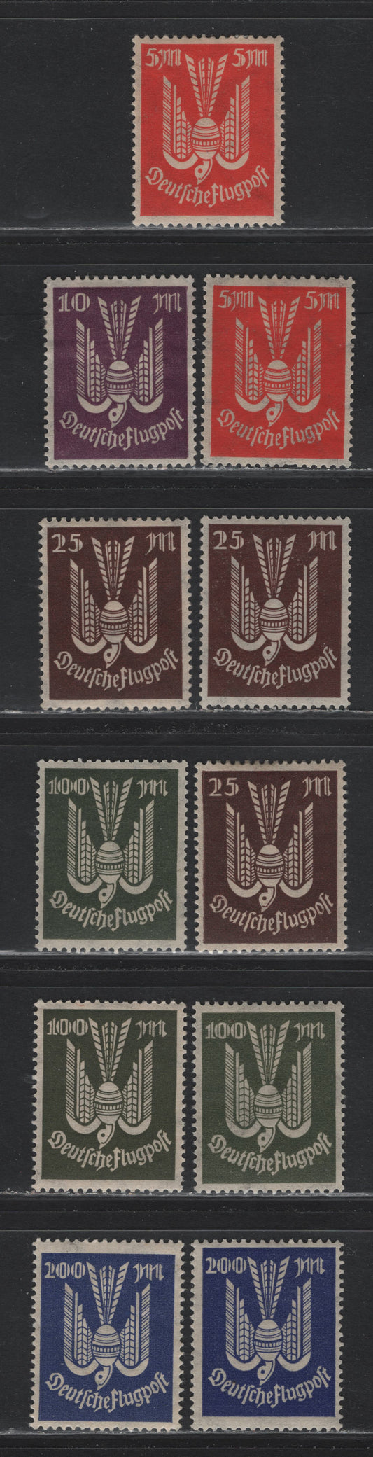 Lot 255 Germany SC#C15-C19 (263-267) 5m - 200m Vermillion - Deep Blue , 1923 Carrier Pidgeon Monocolor Airmail Issue, 11 VFOG Singles, Thicker & Thin Translucent Paper Variety On 5m & Different Shades On Most Values