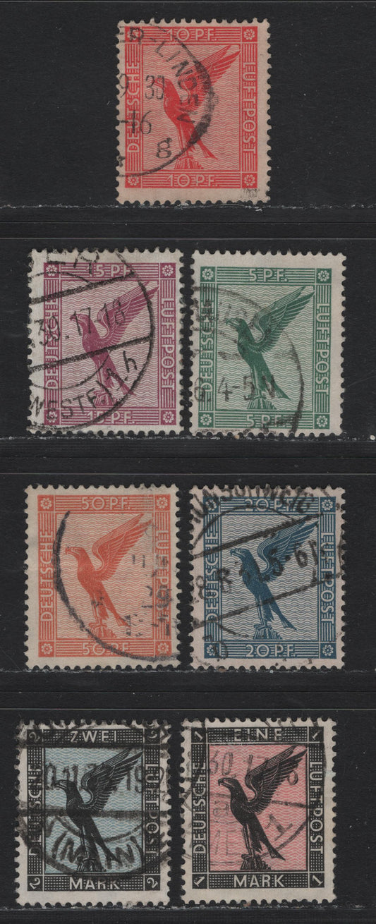 Lot 258 Germany SC#C27-C33 (378-383) 5pf - 2m Green - Black & Blue , 1926-1927 German Eagle Airmail Issue, 8 Fine Used Singles, As Lot 257