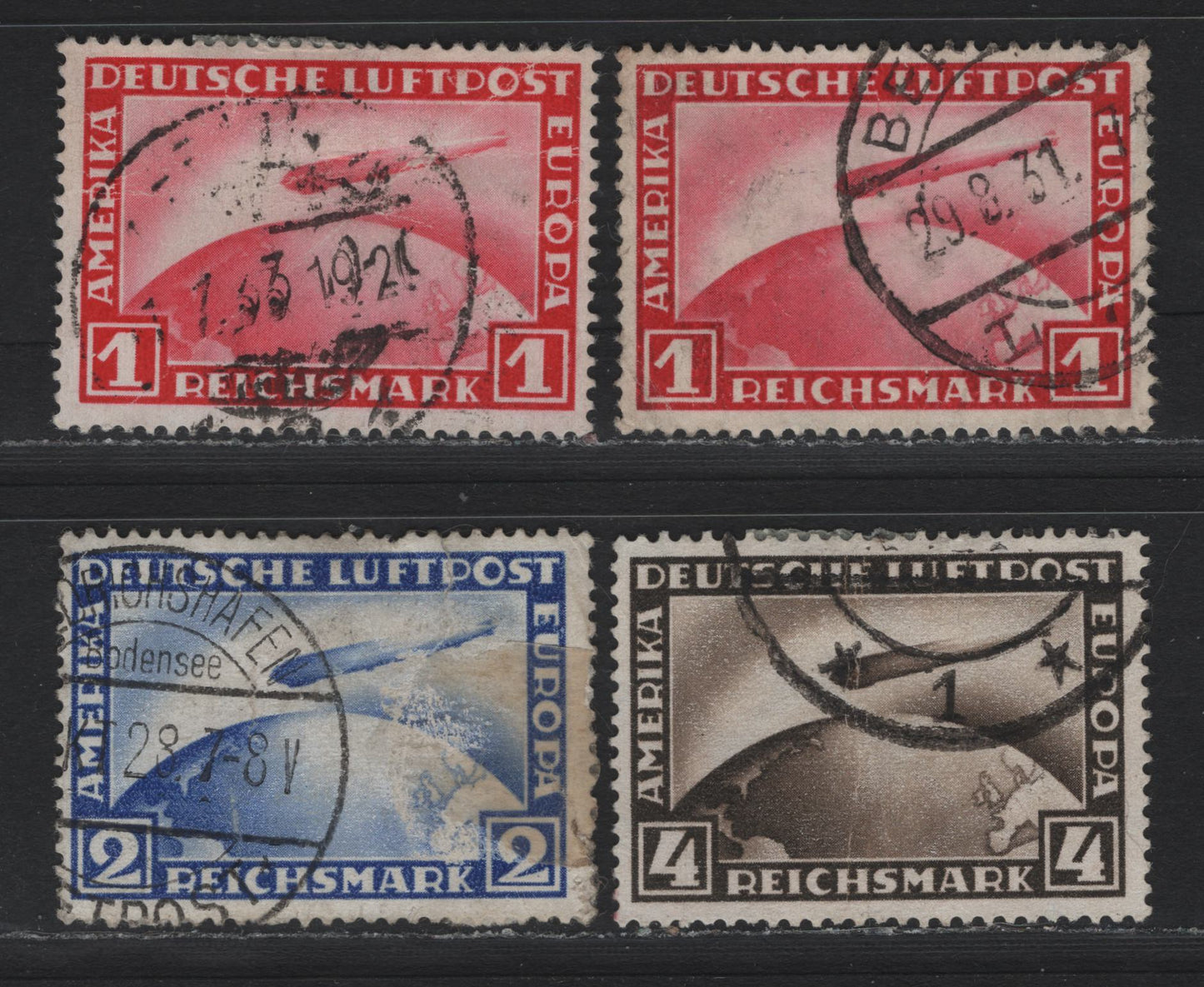 Lot 260 Germany SC#C35-C37 (455, 423-424) 1m - 4m Carmine - Black Brown , 1928-1931 Graf Zeppelin Airmail Issue, 4 Good/Very Good Used Singles, Moderate & Small Faults, Two Shades Of 1m