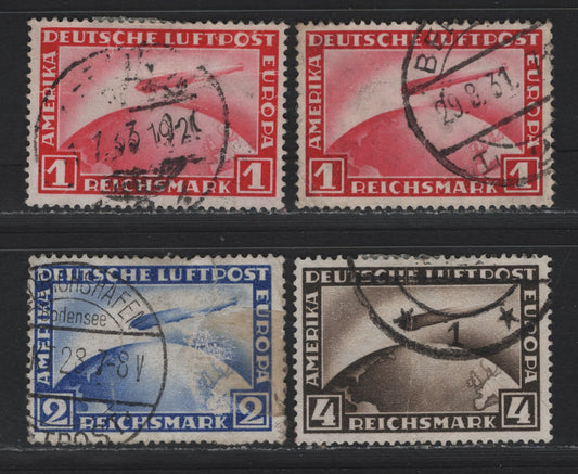 Lot 260 Germany SC#C35-C37 (455, 423-424) 1m - 4m Carmine - Black Brown , 1928-1931 Graf Zeppelin Airmail Issue, 4 Good/Very Good Used Singles, Moderate & Small Faults, Two Shades Of 1m