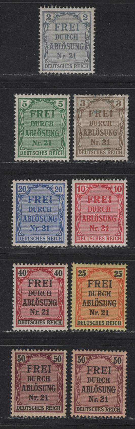 Lot 264 Germany SC#OL1-OL8 (1-8) 2pf - 50pf Slate - Purple & Black on Salmon , 1903 Prussia Local Official Issue, 9 F/VFOG Singles, Complete Set With Additional Shade Of 50pf