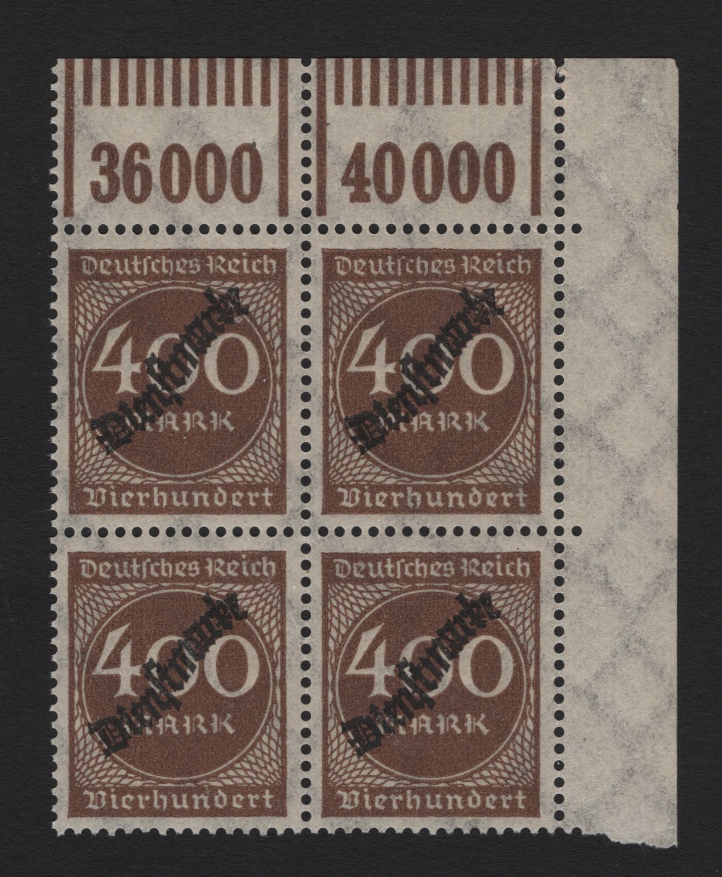 Lot 266 Germany SC#O27 (80WOR) 400m Dark Brown , 1923 Official Overprinted Numeral Issue, A VFNH UR Corner Block Of 4, Value Counters & Density Bars 1'11'1