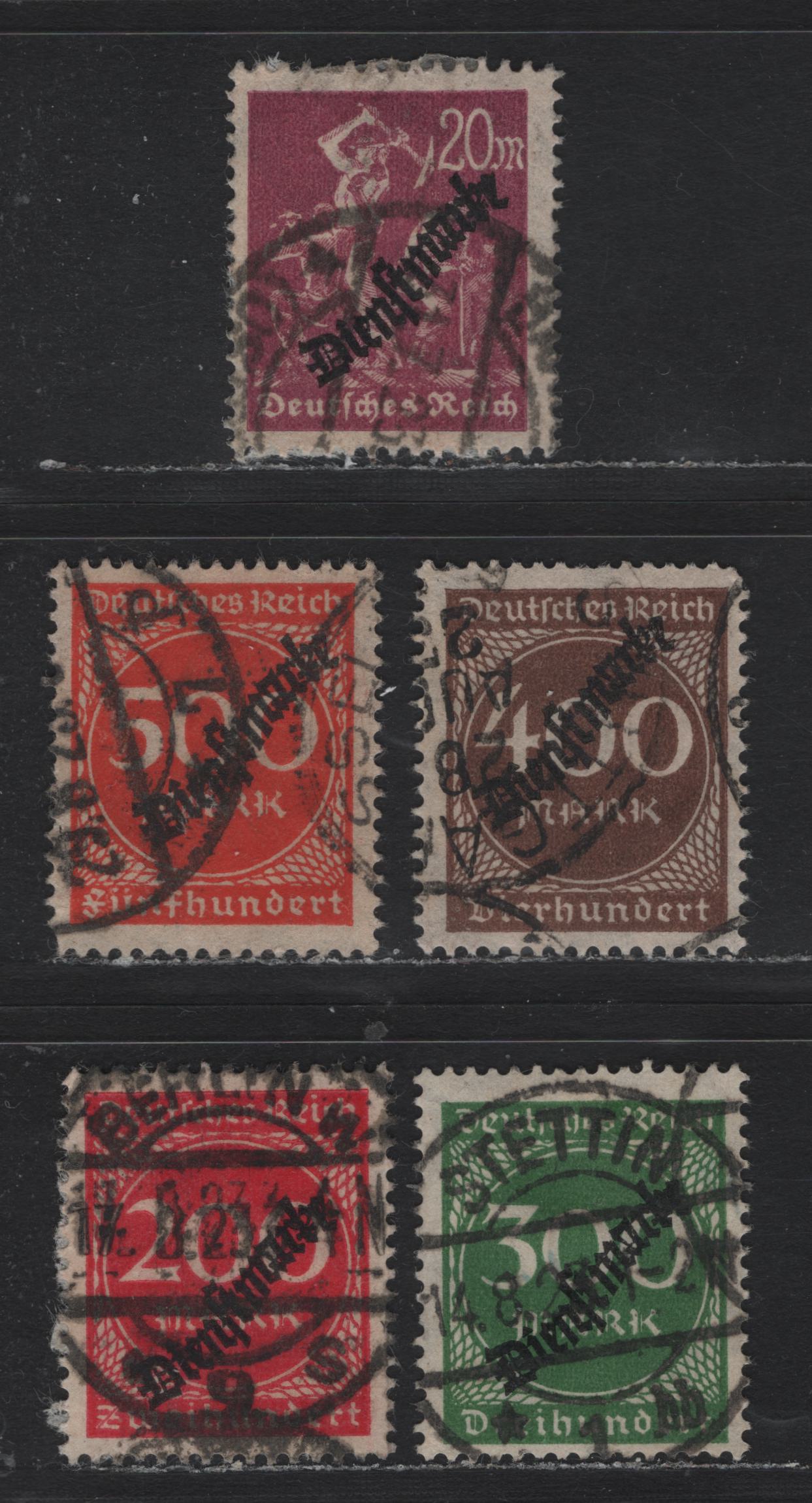 Lot 267 Germany SC#O22, O25-O28 (75, 78-81) 20m - 500m Red Lilac - Red Orange , 1923 Official Overprinted Numeral Issue, Fine/Very Fine Used Singles, Postally Used Examples With Genuine Cancels