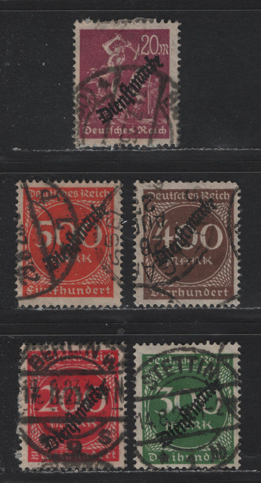 Lot 267 Germany SC#O22, O25-O28 (75, 78-81) 20m - 500m Red Lilac - Red Orange , 1923 Official Overprinted Numeral Issue, Fine/Very Fine Used Singles, Postally Used Examples With Genuine Cancels