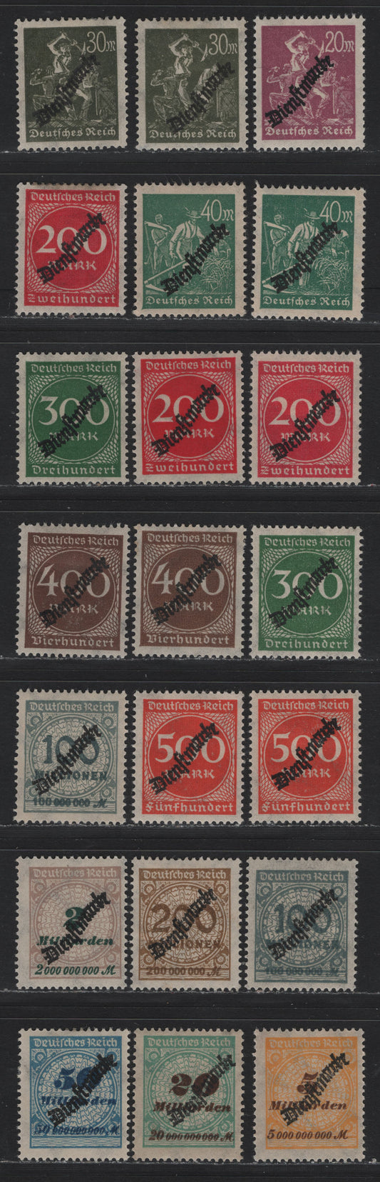Lot 268 Germany SC#O22-O28, O40-O43, O45-O46 (75-77a, 78-81, 82-83a, 84-84-85, 87-88) 20m - 50mlrd Red Lilac - Dark Blue , 1923 Official Overprinted Numeral & Rosette Issue, F/VFOG Singles, Extra Shades