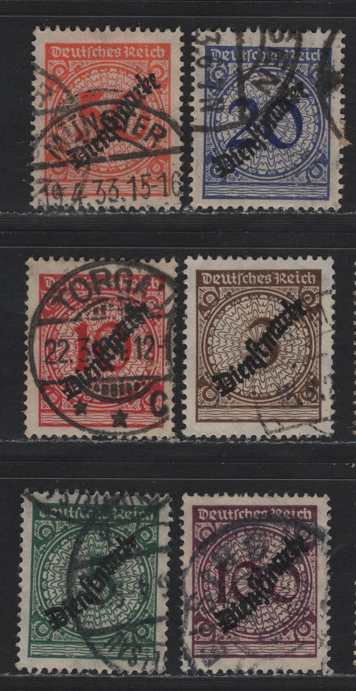 Lot 272 Germany SC#O47-O52 (99PA, 100Wa, 101Pa-104P) 3pf - 100pf Black Orange Brown - Blackish Violet Purple , 1924 Rentenpfenning Floral Issue, Very Fine Used Singles, All Are Flat Plate Printings Except The 5pf Which Is Rotary