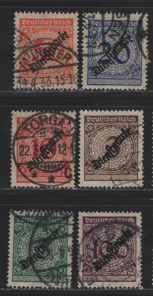 Lot 272 Germany SC#O47-O52 (99PA, 100Wa, 101Pa-104P) 3pf - 100pf Black Orange Brown - Blackish Violet Purple , 1924 Rentenpfenning Floral Issue, Very Fine Used Singles, All Are Flat Plate Printings Except The 5pf Which Is Rotary