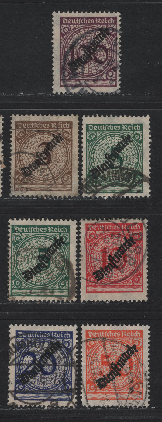 Lot 273 Germany SC#O47-O52 (99Pa, 100Pa, 100Wa, 101Pa-104P) 3pf - 100pf Dark Orange Brown - Blackish Violet Purple , 1924 Rentenpfenning Floral Issue, Fine Used Singles, Include Both Flat Plate & Rotary Press 5pf