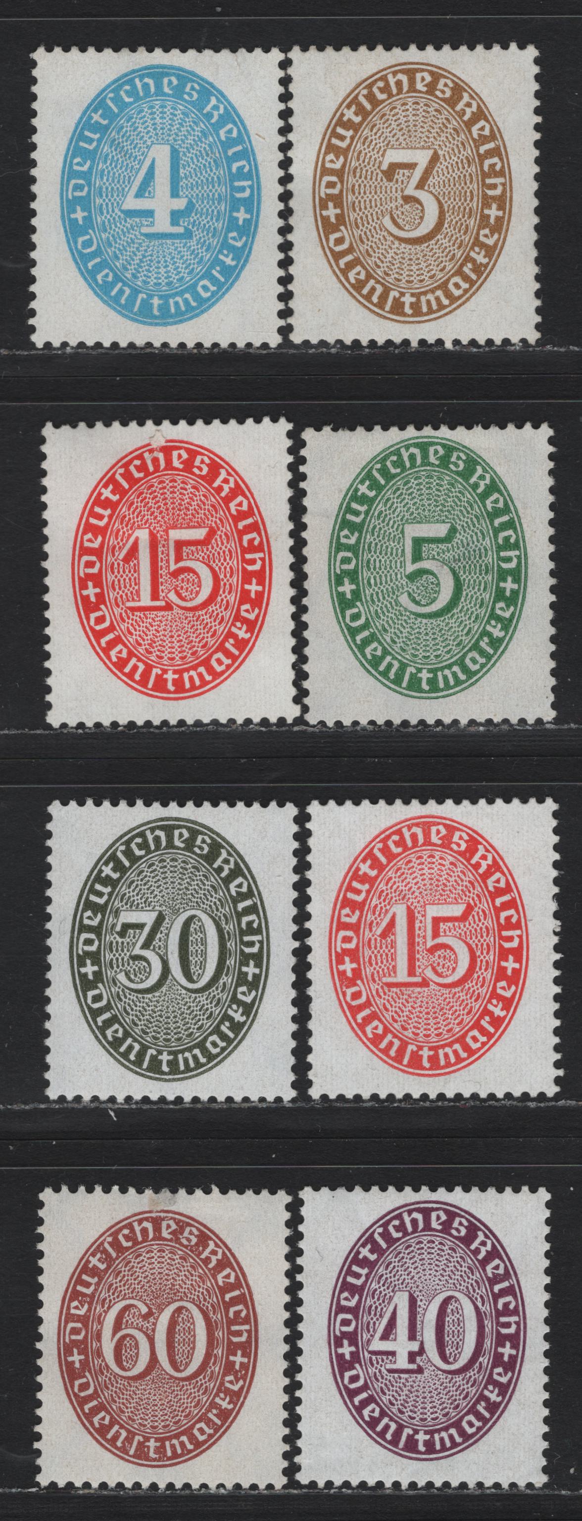 Lot 277 Germany SC#O62/O79 (114x/122x, 127x, 129x) 3pf - 60pf Blackish Ochre - Red Brown , 1927-1933 Numeral Officials, F/VFNH/OG Singles, Upright Network Wmk