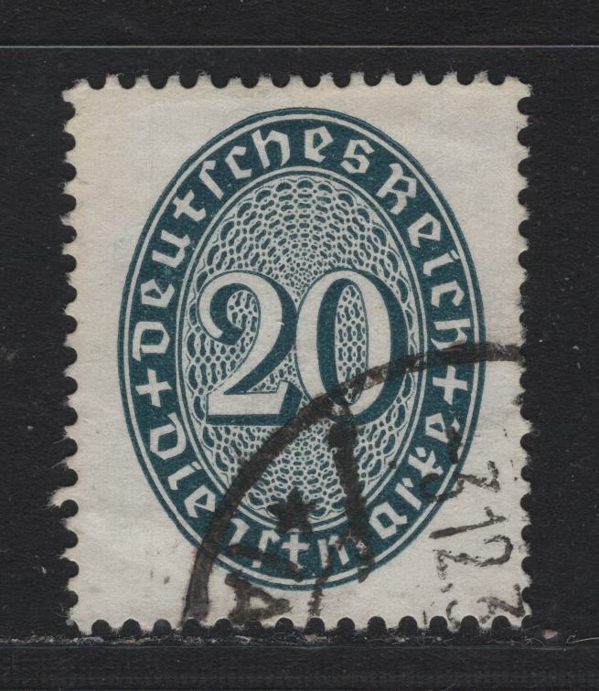 Lot 279 Germany SC#O75a (119y) 20pf Prussian Green , 1927-1933 Numeral Officials, Fine Used Singles, Sideways Wmk, Short Perfs At Right