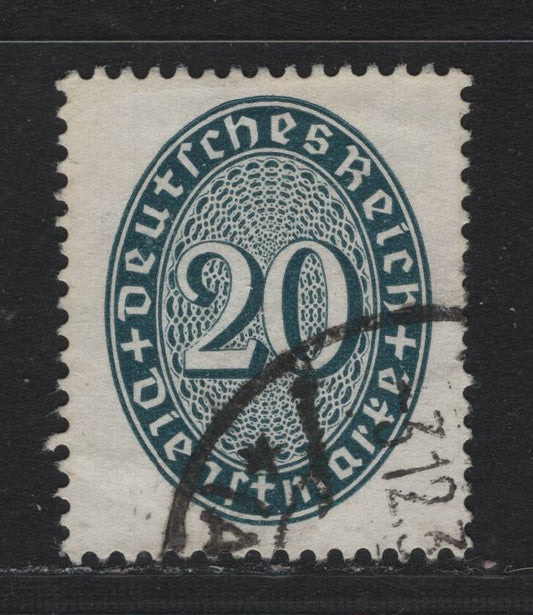 Lot 279 Germany SC#O75a (119y) 20pf Prussian Green , 1927-1933 Numeral Officials, Fine Used Singles, Sideways Wmk, Short Perfs At Right