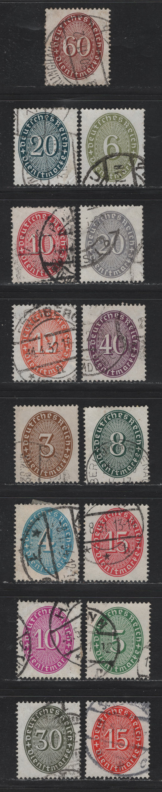 Lot 280 Germany SC#O62/O79 (114x/122x, 124x, 125x-129x) 3pf - 60pf Bistre - Red Brown , 1927-1933 Numeral Officials, Very Fine Used Singles