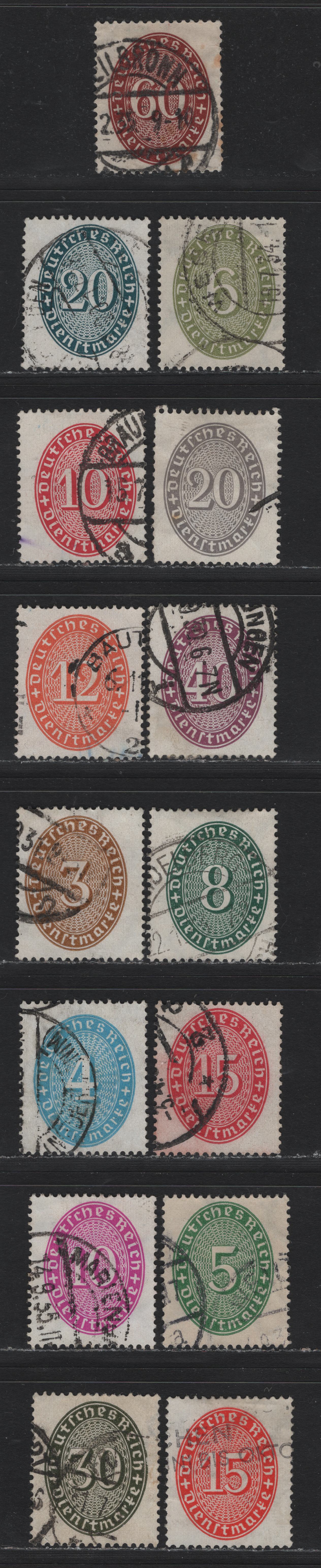 Lot 281 Germany SC#O62/O79 (114x/122x, 124x, 125x-129x) 3pf - 60pf Bistre - Red Brown , 1927-1933 Numeral Officials, Fine Used Singles, As Lot 280 But Fine