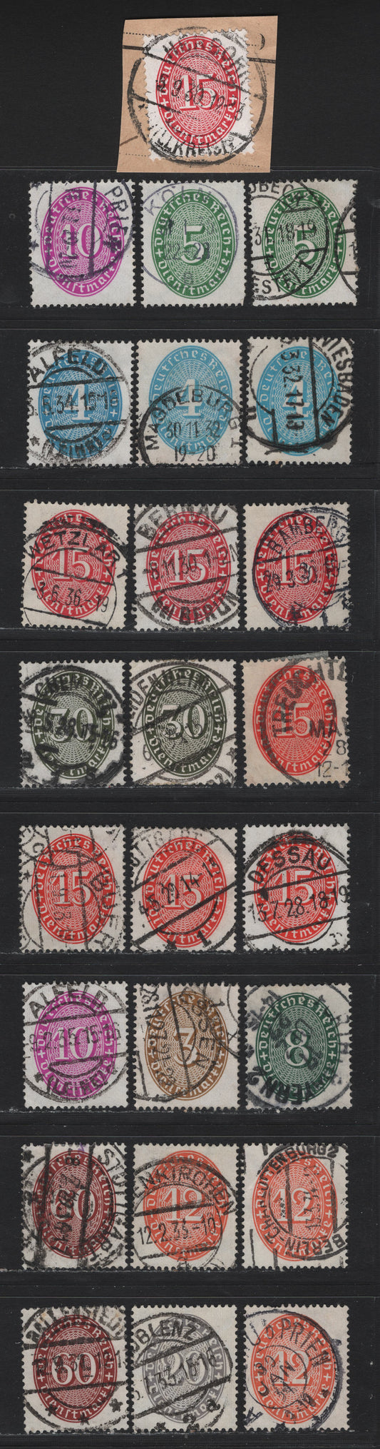 Lot 282 Germany SC#O62/O79 (114x/122x, 124x-127x, 129x) 3pf - 60pf Brown - Red Brown , 1927-1933 Numeral Officials, Fine/Very Fine Used Singles, Different Town Cancels