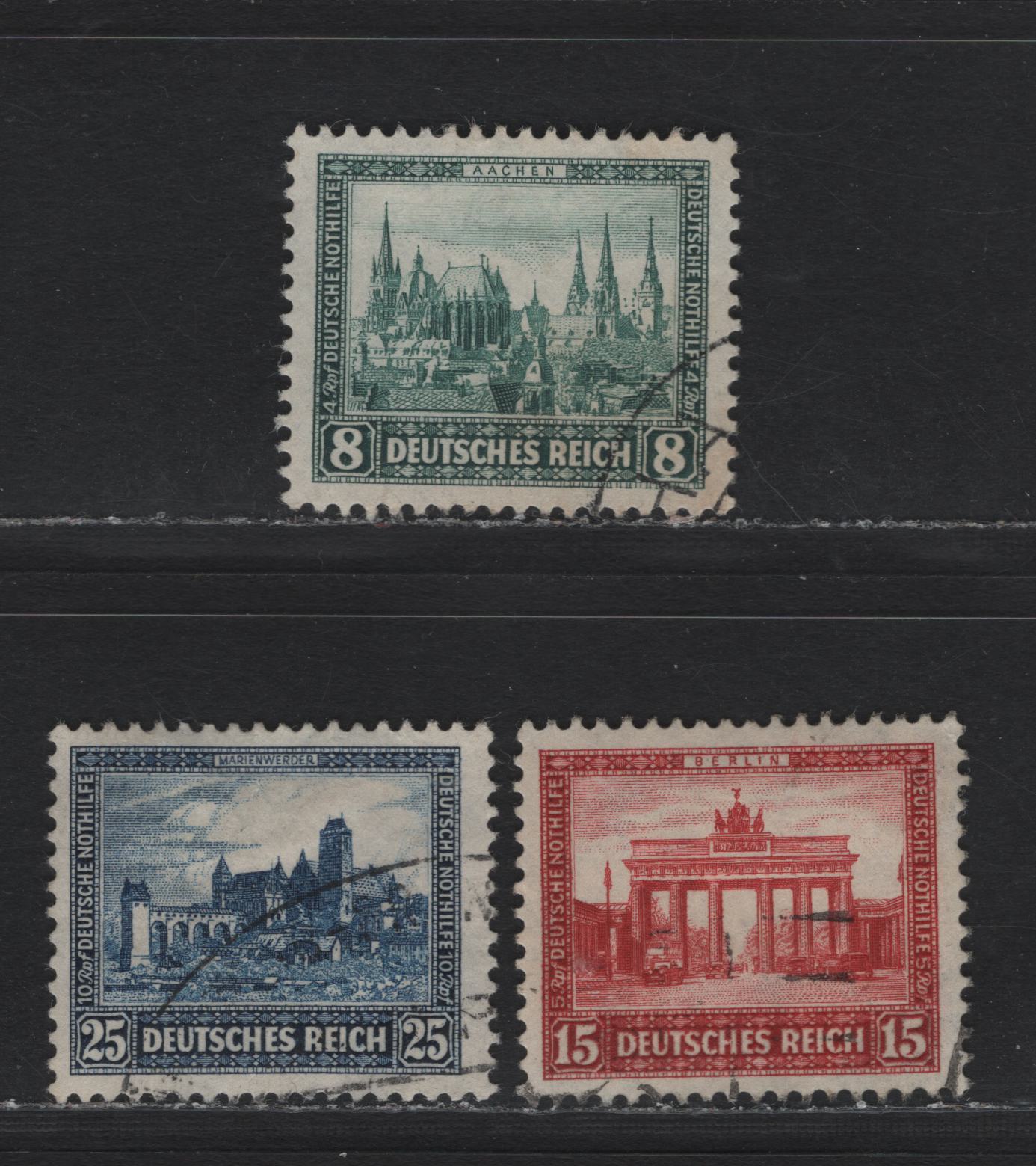 Lot 285 Germany SC#B34-B36 (450-452a) 5pf+4pf - 25pf+10pf Multicolored , 1930 Charity Semi Postal Issue, 3 Fine/Very Fine Used Singles, Iposta Design