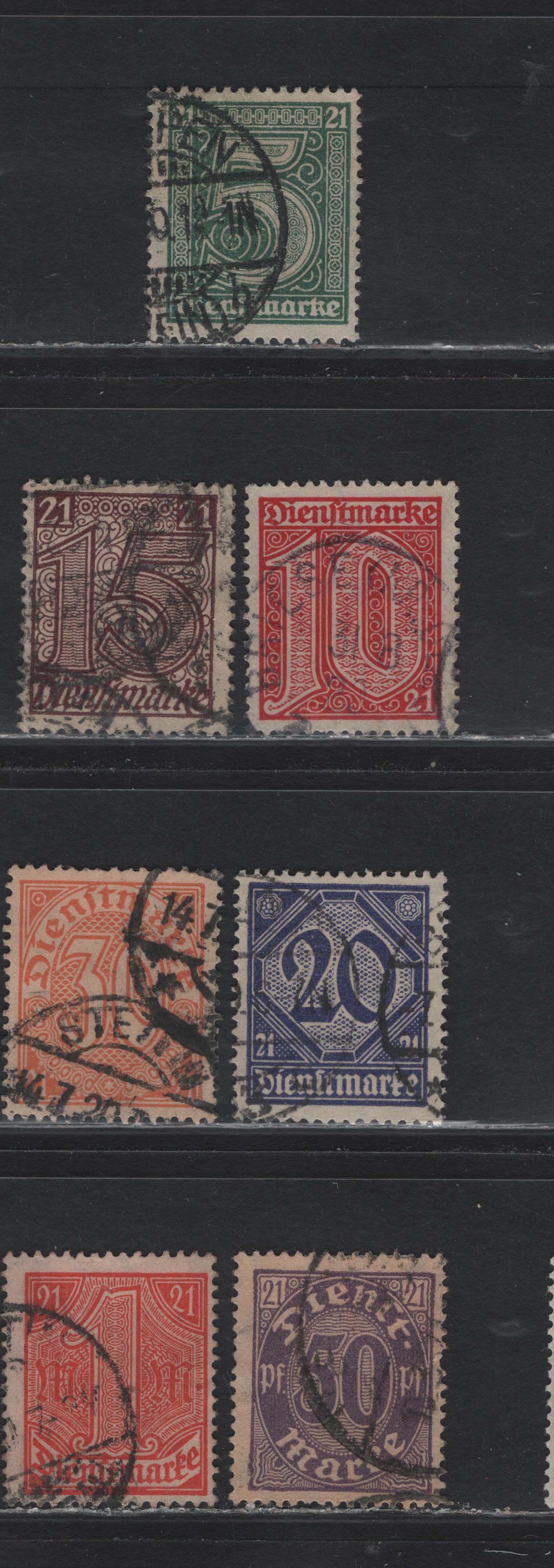 Lot 286 Germany SC#OL9-OL15 (16-19a, 20-22) 5pf - 1m Green - Red on Buff , 1920 Prussian Numeral Official Issue, Fine Used Singles, As Lot 283 But Fine