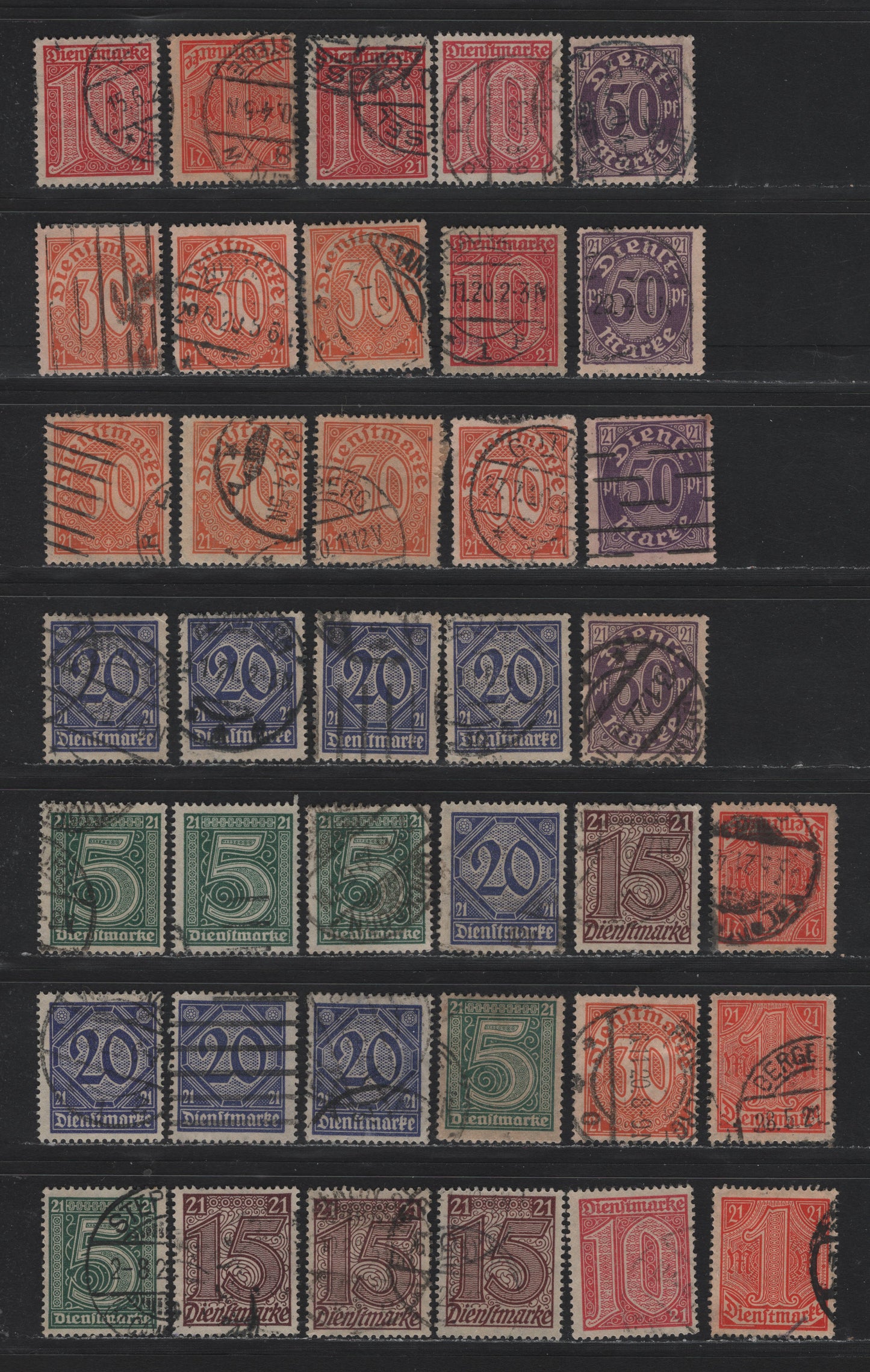 Lot 287 Germany SC#OL9-OL15 (16-19a, 20-22) 5pf - 1m Green - Red on Buff , 1920 Prussian Numeral Official Issue, Fine/Very Fine Used Singles, A Selection Of Dubious, CTO or Forged Cancels