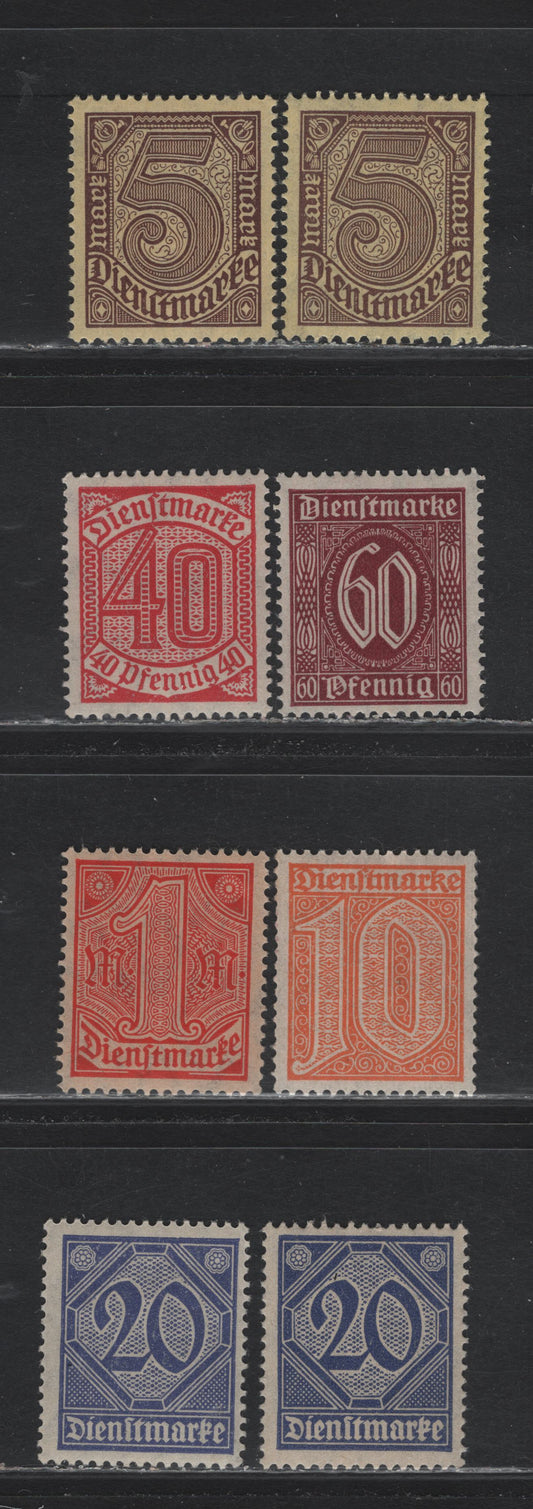 Lot 288 Germany SC#O3/O13 (26/33c, 65, 66a) 10pf - 5m Orange - Dark Red Brown , 1920-1921 Numeral Official Issue, F/VFNH Singles, Two Shades Of 20pf & Peacetime Printing Of The 20pf