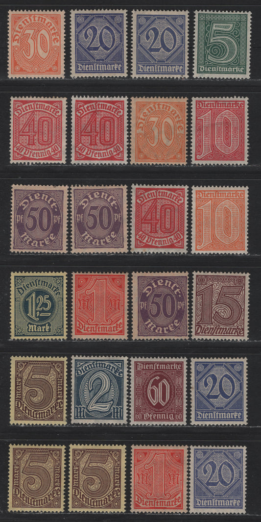 Lot 289 Germany SC#O1-O13 (23-33c, 65, 66a) 5pf - 5m Green - Deep Reddish Brown on Yellow , 1920-1921 Numeral Official Issue, F/VFOG Singles, Multiple Shades, Including Both Sienna & Reddish Brown Shades of The 5m