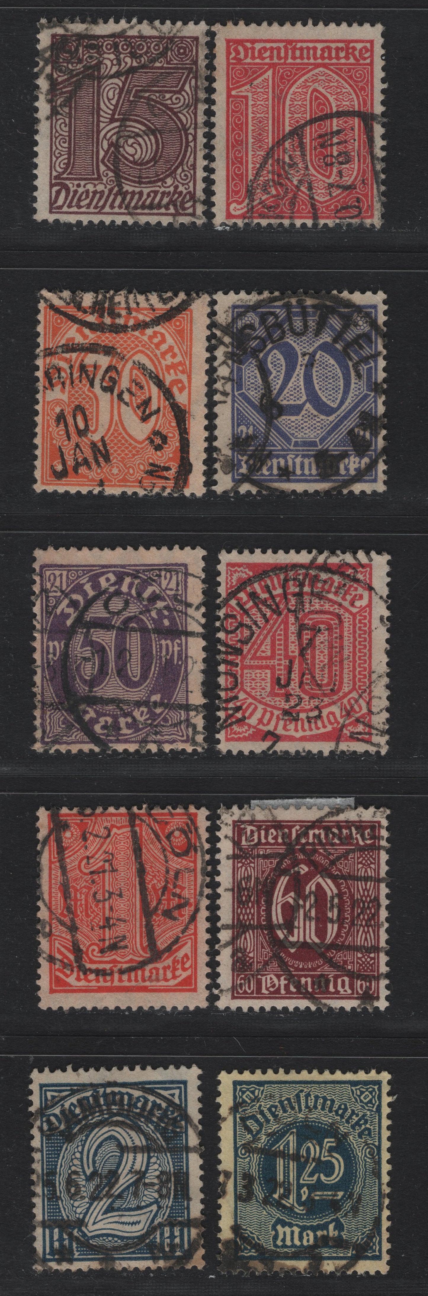Lot 294 Germany SC#O2/O12 (24/32, 60a) 10pf - 2m Carmine Rose - Dark Blue , 1922-1923 Numeral & German Eagle Official Issue, Fine Used Singles, As Lot 293 But Fine Used