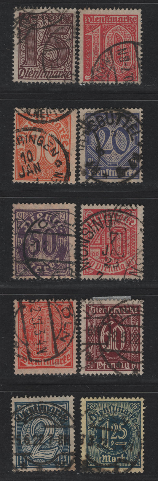 Lot 294 Germany SC#O2/O12 (24/32, 60a) 10pf - 2m Carmine Rose - Dark Blue , 1922-1923 Numeral & German Eagle Official Issue, Fine Used Singles, As Lot 293 But Fine Used