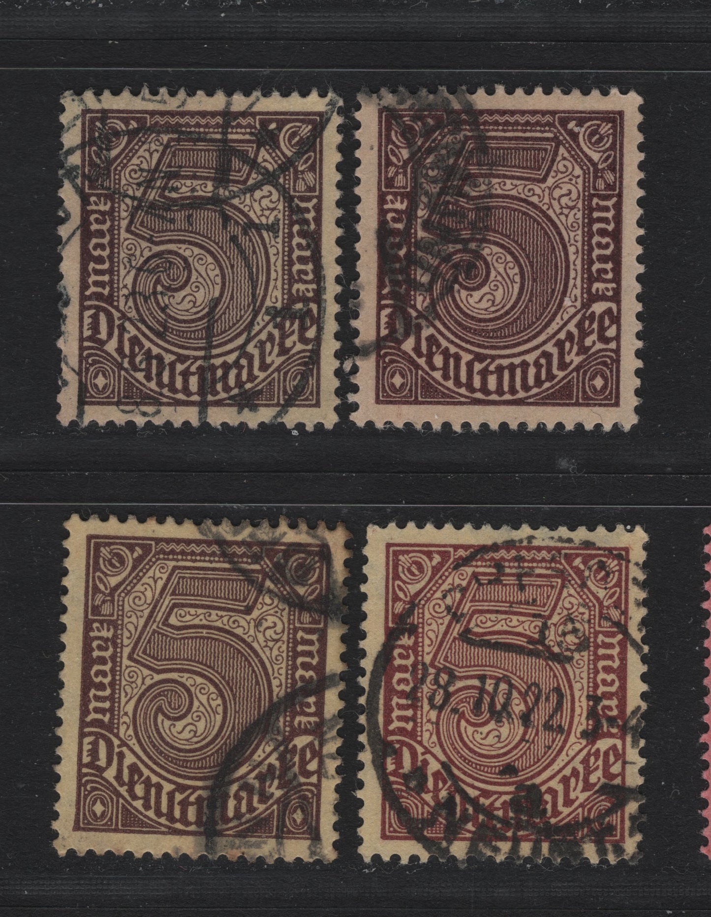 Lot 295 Germany SC#O13 (33a-33c) 5m Sienna on Yellow, Reddish Brown/Dark Red Brown on Yellow , 1922-1923 Numeral & German Eagle Official Issue, Very Fine Used Singles, Peacetime & Wartime Printings