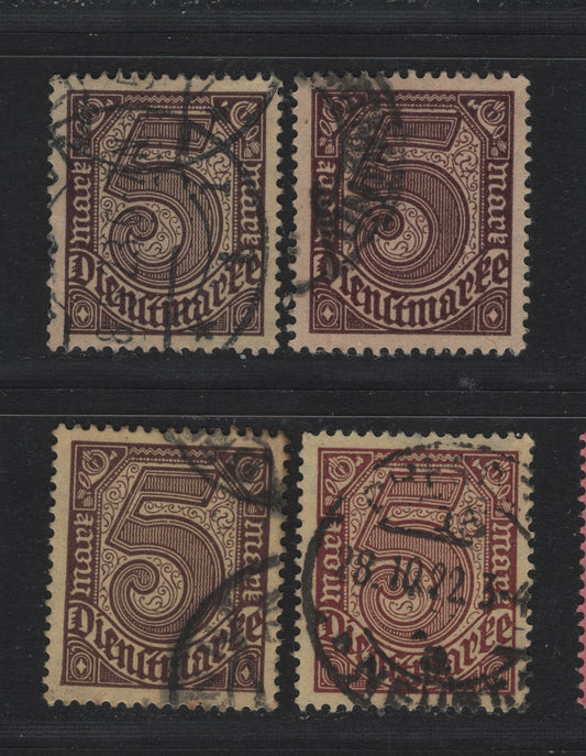 Lot 295 Germany SC#O13 (33a-33c) 5m Sienna on Yellow, Reddish Brown/Dark Red Brown on Yellow , 1922-1923 Numeral & German Eagle Official Issue, Very Fine Used Singles, Peacetime & Wartime Printings