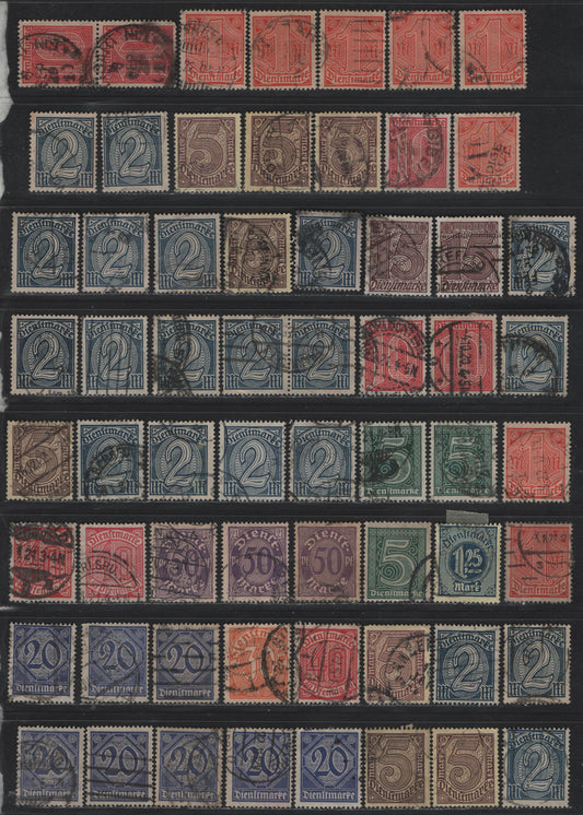 Lot 296 Germany SC#O1-O13 (23/33c, 65, 66a) 5pf - 5m Green - Sienna On Yellow , 1922-1923 Numeral & German Eagle Official Issue, Fine/Very Fine Used Singles, A Selection of CTO, Forged Or Posthumous Cancellations